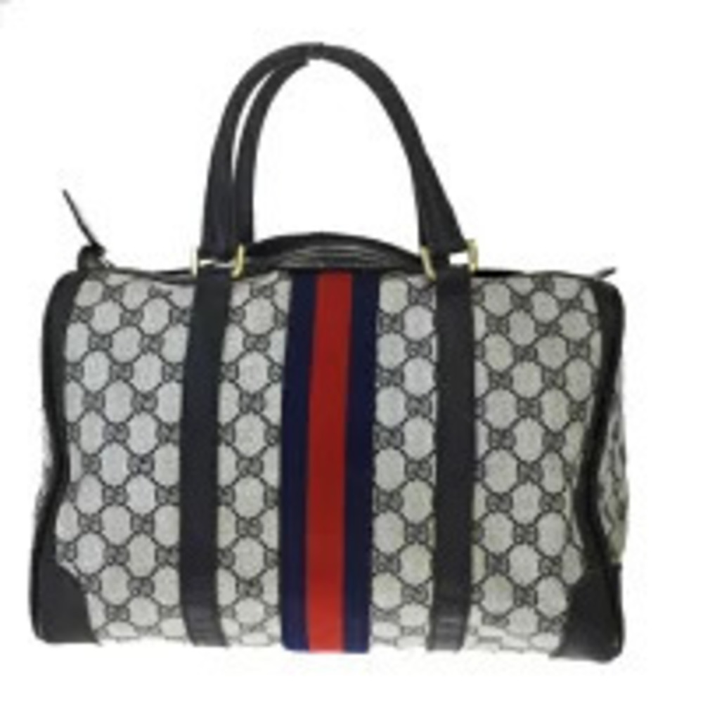 Gucci Sherry Handbag Boston GG Navy Blue Red Leather